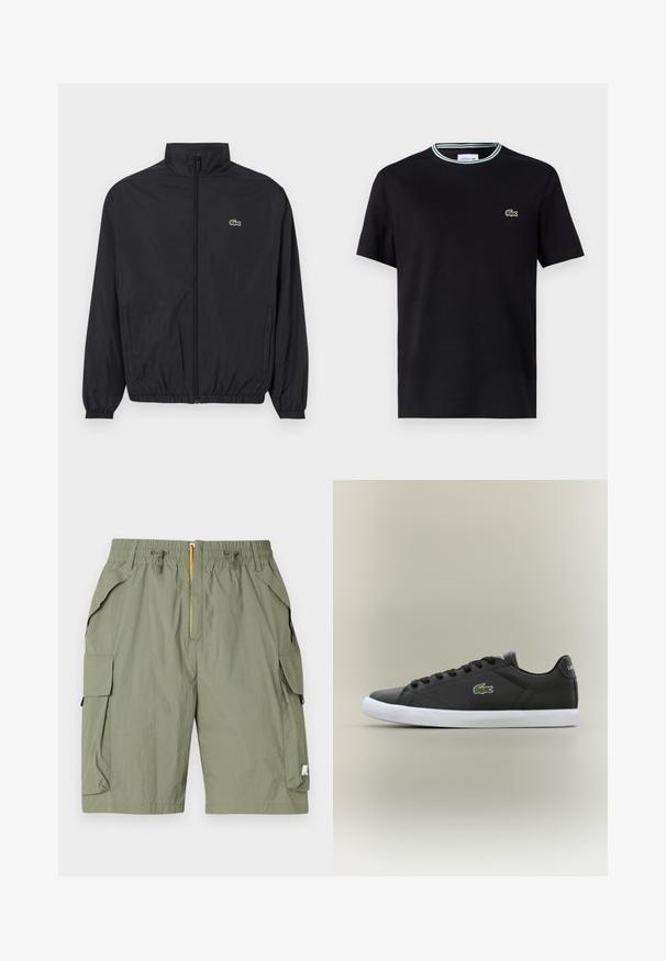 Black lightweight jacket with a stand collar, front zipper, elastic cuffs, and hem. Features a small green Lacoste logo on the chest.; Black cotton t-shirt with a crew neck, featuring a white and green striped trim, and embroidered green crocodile logo on the left chest.; Light olive green cargo shorts with an elastic waistband, drawstring, two side pockets, and a logo patch on the right leg. Lightweight fabric.; Black leather sneakers with white rubber sole, featuring a green crocodile logo and round laces, sleek design with smooth texture.