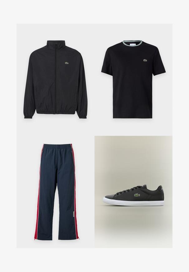 Sort letvægtsjakke med opretstående krave, frontlynlås, elastiske manchetter og kant. Har et lille grønt Lacoste-logo på brystet.; Sort bomulds t-shirt med rund hals, der har en hvid og grøn stribet kant, samt et broderet grønt krokodille-logo på venstre bryst.; Marineblå træningsbukser med elastisk talje og røde side-striber. Har hvid piping og lynlåse ved anklerne til justering. Letvægtsmateriale.; Sorte lædersneakers med hvid gummisål, der har et grønt krokodillelogo og runde snørebånd, slank design med glat tekstur.