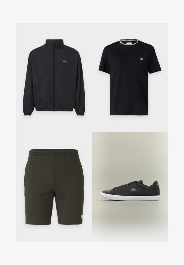 Fekete, könnyű dzseki álló gallérral, elülső cipzárral, rugalmas mandzsettákkal és aljjal. A mellkason egy kis zöld Lacoste logó található.; Fekete pamut póló, kerek nyakkivágással, fehér és zöld csíkos díszítéssel, és zöld hímzett krokodil logóval a bal mellen.; Sötétzöld, rugalmas derékú, puha anyagból készült rövidnadrág. Közvetlen szabású, hemzett lábakkal és egy kis logóval a jobb alsó oldalon.; Fekete bőr sportcipők fehér gumitalppal, zöld krokodil logóval és kerek fűzőkkel, elegáns dizájn sima felülettel.