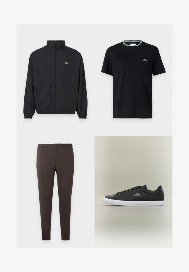 Czarna, lekka kurtka z stójką, zamkiem błyskawicznym z przodu, elastycznymi mankietami i dolnym wykończeniem. Posiada małe zielone logo Lacoste na piersi.; Czarna bawełniana koszulka z okrągłym dekoltem, z białym i zielonym paskiem wykończeniowym oraz wyszywanym zielonym logo krokodyla po lewej stronie klatki piersiowej.; Ciemnobrązowe dresy wykonane z miękkiego materiału. Posiadają elastyczny pasek w talii i zwężane mankiety. Minimalistyczny design bez wzorów.; Czarne skórzane sneakersy z białą gumową podeszwą, z zielonym logo krokodyla i okrągłymi sznurówkami, o smukłym designie i gładkiej fakturze.