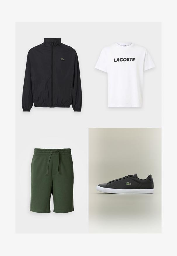 Black lightweight jacket with a stand collar, front zipper, elastic cuffs, and hem. Features a small green Lacoste logo on the chest.; White cotton t-shirt featuring a prominent black "LACOSTE" logo across the chest. Short sleeves and a crew neck design.; Dark green shorts with an elastic waistband, drawstring detail, pockets, and a soft cotton blend fabric. Mid-thigh length.; Black leather sneakers with white rubber sole, featuring a green crocodile logo and round laces, sleek design with smooth texture.