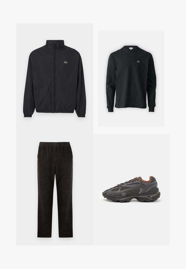 Veste légère noire avec un col montant, fermeture éclair à l'avant, poignets et ourlet élastiques. Présente un petit logo Lacoste vert sur la poitrine.; T-shirt noir à manches longues en coton, avec un col rond et un petit logo de crocodile brodé vert sur la poitrine gauche.; Pantalons en velours côtelé noir avec une coupe droite, dotés d'une taille élastique et d'une fermeture à un seul bouton. Texture lisse, détails minimaux.; Baskets Lacoste en gris foncé, en matériau mesh et synthétique, avec une semelle texturée et des accents marron sur le col et le branding.