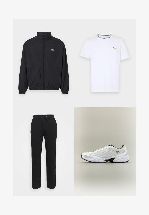 Black lightweight jacket with a stand collar, front zipper, elastic cuffs, and hem. Features a small green Lacoste logo on the chest.; White cotton short-sleeve T-shirt with a ribbed collar featuring green and black stripes; small green embroidered logo on left chest.; Black sweatpants made of a soft fabric with an elastic waistband and adjustable drawstring. Features straight legs and no visible pockets.; White athletic shoe with textured mesh upper, curved design, and contrasting black outsole. Features green embroidered logo on side.