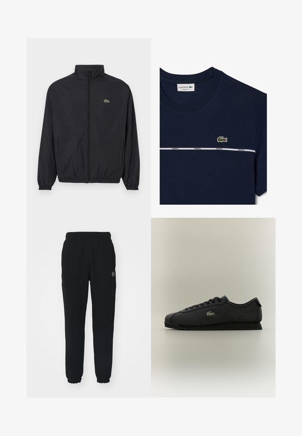 Svart lett jakke med stående krage, frontglidelås, elastiske mansjetter og hem. Har en liten grønn Lacoste-logo på brystet.; Marineblå bomulls-T-skjorte med rund hals, med en hvit stripe og "LACOSTE"-merke, samt en liten grønn krokodillelogo på brystet.; Svarte joggebukser laget av myk stoff, med elastisk midjebånd og mansjetter. Inkluderer en liten grønn logo på venstre side.; Svart lavt topp sneaker med snøring foran, teksturert såle og gull krokodille-logo på siden.