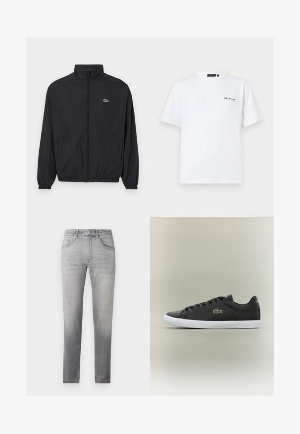 Black lightweight jacket with a stand collar, front zipper, elastic cuffs, and hem. Features a small green Lacoste logo on the chest.; White crew neck short-sleeve t-shirt with small black "BELSTAFF" text logo on the left chest.; Gray denim jeans with a slim fit, featuring a mid-rise waist, five pockets, and subtle fading throughout. Classic stitching along seams.; Black leather sneakers with white rubber sole, featuring a green crocodile logo and round laces, sleek design with smooth texture.