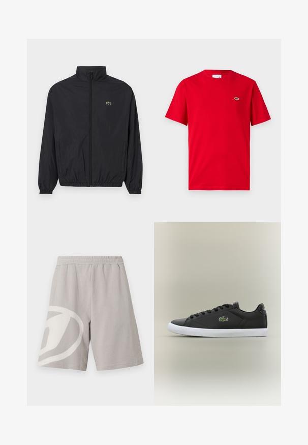 Svart lett jakke med stående krage, frontglidelås, elastiske mansjetter og hem. Har en liten grønn Lacoste-logo på brystet.; Rød bomulls T-skjorte med korte ermer, rund hals og en liten grønn krokodillelogo på venstre bryst. Glatt tekstur, avslappet passform.; Lysegrå, uformelle shorts med elastisk midjebånd og stort hvitt abstrakt mønster på venstre ben, vist mot hvit bakgrunn.; Svarte lær sneakers med hvit gummisåle, med grønt krokodillelogo og runde snører, elegant design med glatt tekstur.