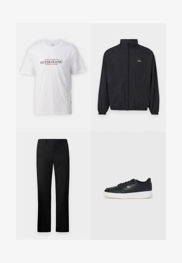 Svart lett jakke med stående krage, frontglidelås, elastiske mansjetter og hem. Har en liten grønn Lacoste-logo på brystet.; Hvit bomulls t-skjorte med rund hals og korte ermer, med rød og svart tekst som leser "GUESS JEANS" og "AMERICAN TRADITION."; Sorte skreddersydde bukser med rette ben, laget av glatt stoff. Funksjoner inkluderer flat front og middels høy livlinje.; Svarte lærersneakers med hvit såle, med rund tå, snøring og en subtil logo på siden. Teksturert overdel.