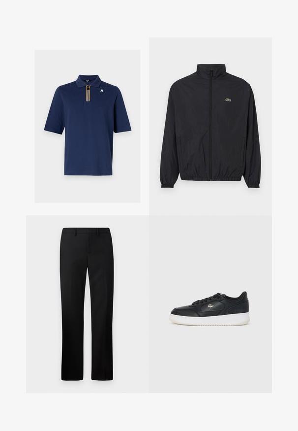 Jachetă ușoară de culoare neagră cu guler înalt, fermoar frontal, manșete elastice și tiv. Dispune de un mic logo verde Lacoste pe piept.; Polo de marină din bumbac, cu fermoar scurt și detalii în dungi galbene, albe și negre. Prezintă un logo mic pe piept.; Pantaloni negri croiți cu un design drept, dintr-un material neted. Caracteristici includ un partea din față plată și un talie medie.; Adidași din piele neagră cu talpă albă, prezentând un vârf rotund, un design cu șireturi și un logo subtil pe lateral. Accente texturate la suprafață.