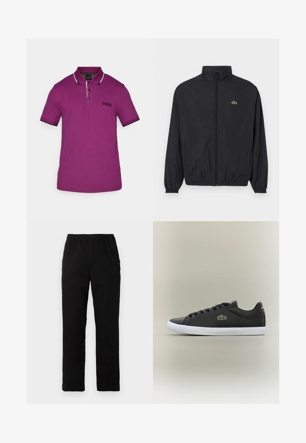 Svart lett jakke med stående krage, frontglidelås, elastiske mansjetter og hem. Har en liten grønn Lacoste-logo på brystet.; Lilla polo skjorte med korte ermer, en tre-knapp placket, svart kantdetalj og brodert "BOSS" logo på brystet.; Sorte bukser laget av bomullsblandet stoff, med rett snitt, elastisk midjebånd med knapp, og uten synlige mønstre eller detaljer.; Svarte lær sneakers med hvit gummisåle, med grønt krokodillelogo og runde snører, elegant design med glatt tekstur.