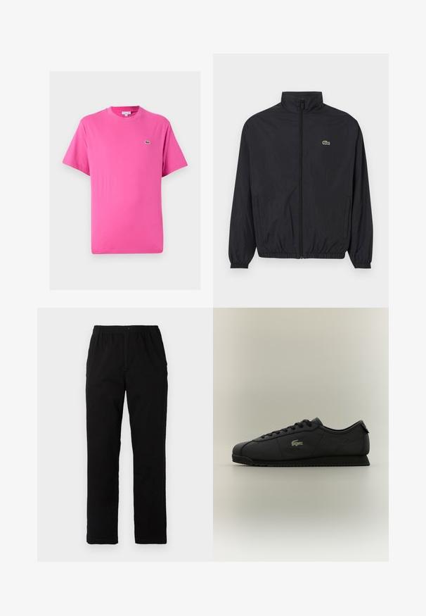 Black lightweight jacket with a stand collar, front zipper, elastic cuffs, and hem. Features a small green Lacoste logo on the chest.; Short-sleeve T-shirt in bright pink cotton, featuring a crew neckline and a small green crocodile logo on the left chest.; Black pants made of cotton blend fabric, featuring a straight cut, elastic waistband with button, and no visible patterns or accents.; Black low-top sneaker with lace-up front, textured sole, and gold crocodile logo on the side.