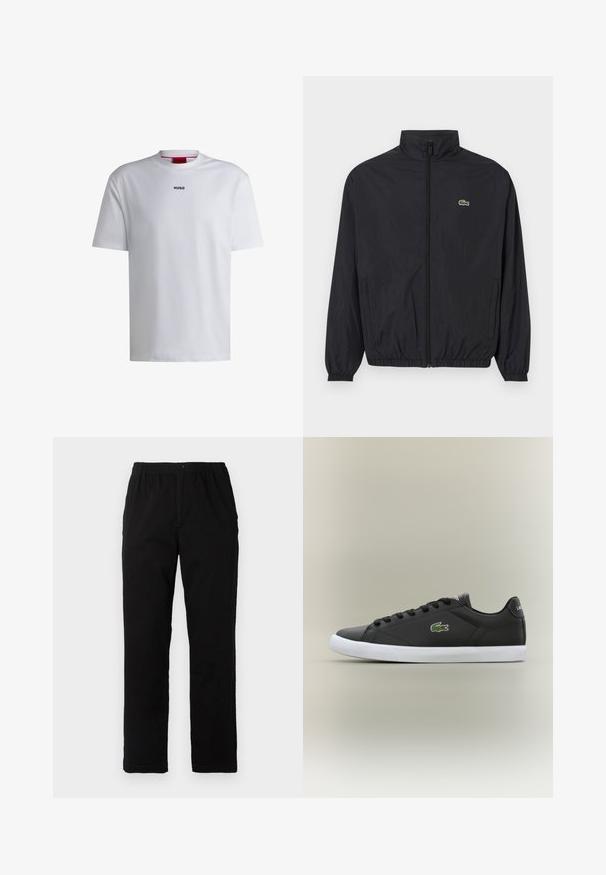Fekete, könnyű dzseki álló gallérral, elülső cipzárral, rugalmas mandzsettákkal és aljjal. A mellkason egy kis zöld Lacoste logó található.; Fehér, rövid ujjú, kerek nyakú pamut póló, fekete "HUGO" logóval a mellkason. Simára ölbe simuló anyag, laza fazon, minta nélkül.; Fekete pamut keverék anyagú nadrág, egyenes szabású, rugalmas derékrésszel és gombbal, látható minták vagy díszítések nélkül.; Fekete bőr sportcipők fehér gumitalppal, zöld krokodil logóval és kerek fűzőkkel, elegáns dizájn sima felülettel.