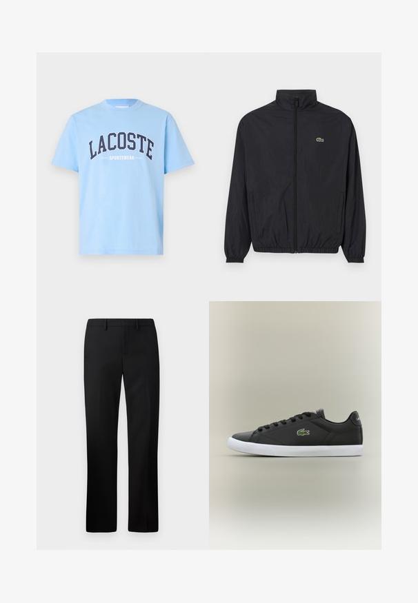 Must värvusega kerge jakk seisva kaelusega, ees lukuga, elastsete mansettide ja äärega. Rinnal on väike roheline Lacoste logo.; Heledsinine puuvillane lühikeste varrukatega T-särk, mille esiküljel on tumedates sinistes ja valgetes tähtedes trükitud "LACOSTE" ja "SPORTSWEAR".; Mustad püksid sirge säärega, valmistatud siledast kangast. Omadusteks on tasane esipind ja keskmise kõrgusega vööpais.; Mustad mustad nahast tennisetossud valge kummist tallaga, millel on roheline krokodillilogo ja ümmargused paelad, stiilne disain sujuva tekstuuriga.