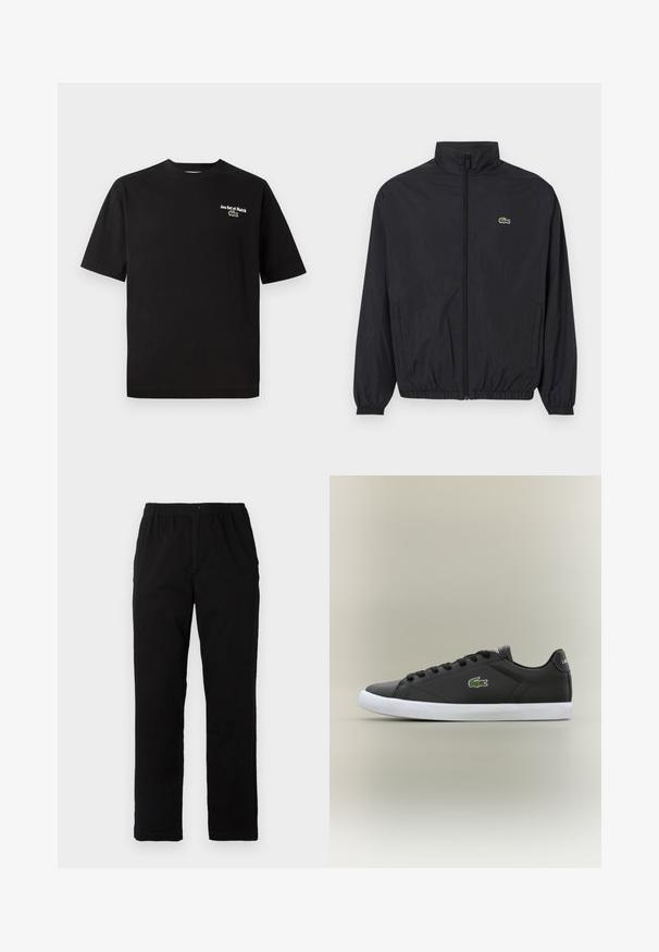 Černá lehká bunda s vysokým límcem, předním zipem, elastickými manžetami a lemem. Na hrudi se nachází malé zelené logo Lacoste.; Černé bavlněné tričko s krátkým rukávem a kulatým výstřihem, se bílou výšivkou "Jeu Set et Match" a akcentem v podobě zeleného krokodýla.; Černé kalhoty vyrobené z bavlněné směsi, s rovný střih, elastickým pasem s knoflíkem a bez viditelných vzorů či akcentů.; Černé kožené tenisky s bílou gumovou podrážkou, se zeleným logem krokodýla a kulatými tkaničkami, elegantní design s hladkým povrchem.