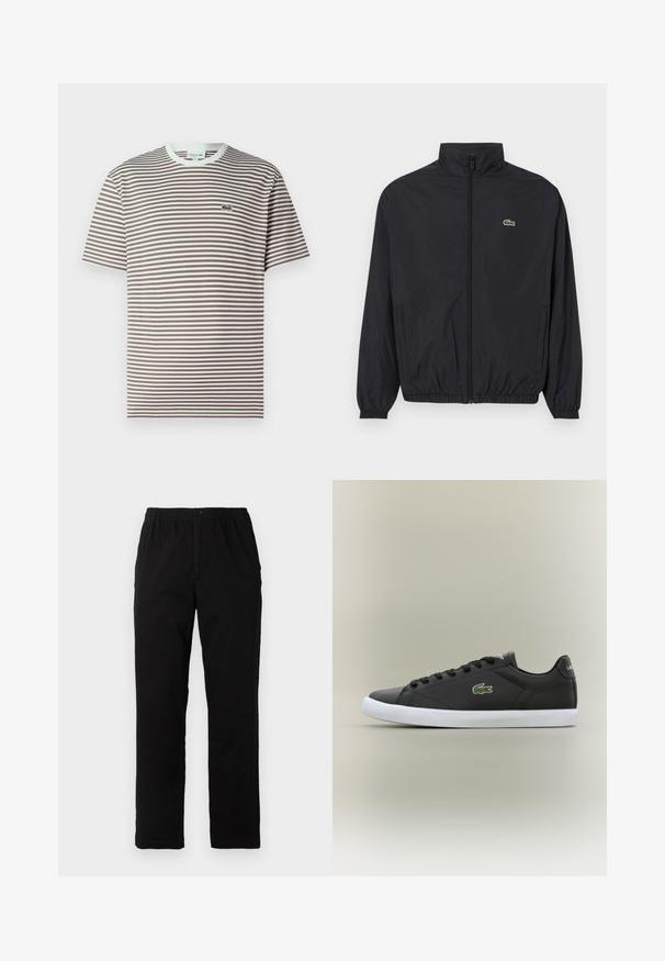 Must värvusega kerge jakk seisva kaelusega, ees lukuga, elastsete mansettide ja äärega. Rinnal on väike roheline Lacoste logo.; Lühikeste varrukatega ümar kaelusega T-särk, millel on pruunid ja valged horisontaalsed triibud ning väike roheline krokodilli logo vasakul rinnal.; Mustad mustreid, puuvillast segakanga valmistatud mustad püksid, mis on sirge lõikega, elastse vöökoht ja nööp, ilma nähtavate mustrite või aktsentideta.; Mustad mustad nahast tennisetossud valge kummist tallaga, millel on roheline krokodillilogo ja ümmargused paelad, stiilne disain sujuva tekstuuriga.