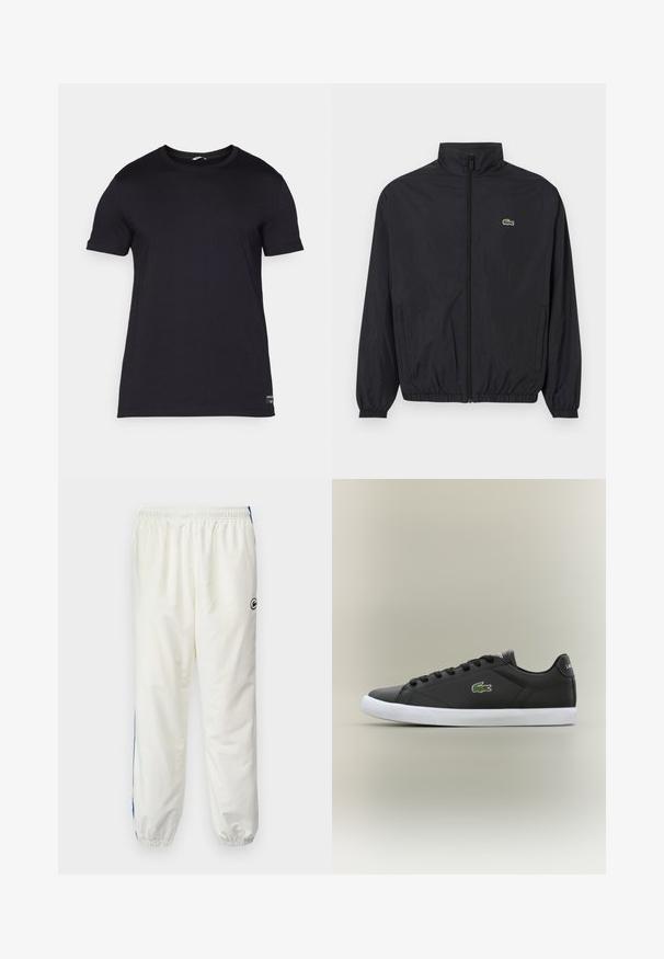 Černá lehká bunda s vysokým límcem, předním zipem, elastickými manžetami a lemem. Na hrudi se nachází malé zelené logo Lacoste.; Černé tričko s krátkým rukávem vyrobené z hladké bavlněné tkaniny, s kulatým výstřihem a malou nášivkou loga blízko lemu.; Bílé teplákové kalhoty s elastickým pasem, s modrým bočním pruhem a malým černým logem na levém boku. Materiál je pružný a lehký.; Černé kožené tenisky s bílou gumovou podrážkou, se zeleným logem krokodýla a kulatými tkaničkami, elegantní design s hladkým povrchem.