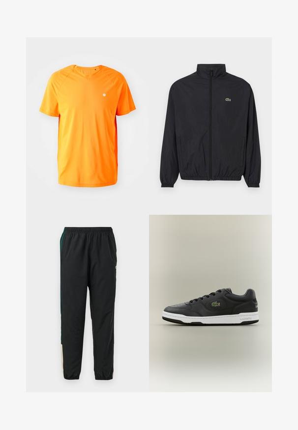 Chaqueta ligera negra con cuello alzado, cierre frontal, puños elásticos y dobladillo. Presenta un pequeño logo verde de Lacoste en el pecho.; Camiseta naranja de manga corta y escote en V, hecha de una tela suave, con mangas raglán y un pequeño logo blanco en el lado izquierdo del pecho.; Pantalones de chándal negros con cintura elástica, con paneles laterales verdes y beiges y un diseño de pierna ajustada. Están hechos de material ligero.; Deportiva de cuero negro con suela de goma blanca. Presenta un logo bordado en verde y un diseño de punta redonda. Cierre de cordones y detalles perforados.