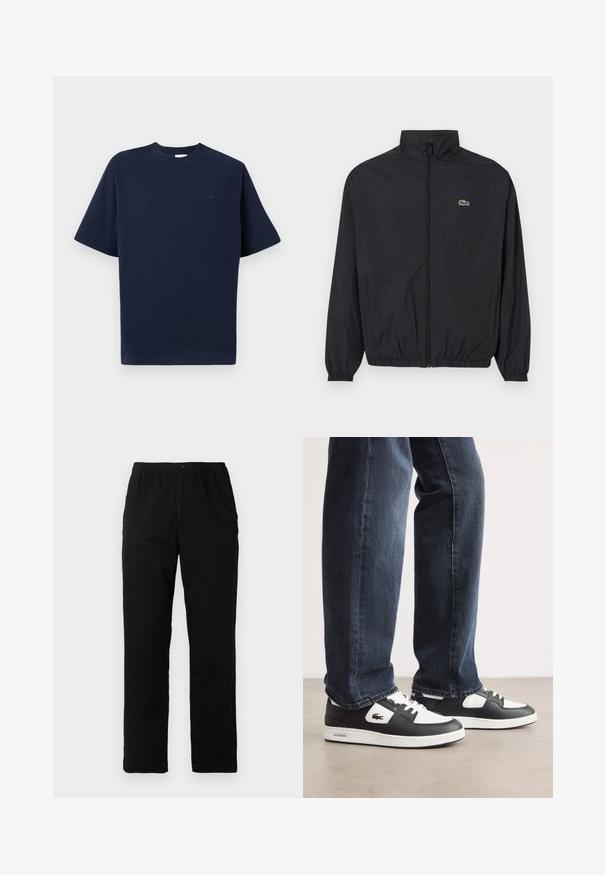 Juodas lengvas džemperis su stovinčiu apykakle, priekiniais užtrauktukais, elastingomis rankovėmis ir apačia. Bruožas - mažas žalias „Lacoste“ logotipas ant krūtinės.; Tamsiai mėlynas medvilninis marškinėliai su trumpomis rankovėmis, apvalia iškirpte ir mažuoju juodu logotipu kairėje krūtinės pusėje. Minkšta tekstūra, tiesi pjūvio dizainas.; Juodi kelnės, pagamintos iš medvilnės mišinio, su tiesiomis kirpimo linijomis, elastingu liemeniu su mygtuku ir be aiškių raštų ar akcentų.; Juodos ir baltos Lacoste sportbačiai su tekstūruota odine viršutine dalimi, turi raištelių užsegimą ir baltą guminį pado. Avėti su tamsiomis džinsinėmis kelnėmis.