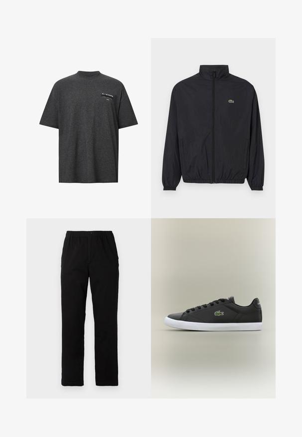 Black lightweight jacket with a stand collar, front zipper, elastic cuffs, and hem. Features a small green Lacoste logo on the chest.; Dark gray oversized t-shirt made of soft fabric, featuring a crew neckline and a front chest print with white text and logo.; Black pants made of cotton blend fabric, featuring a straight cut, elastic waistband with button, and no visible patterns or accents.; Black leather sneakers with white rubber sole, featuring a green crocodile logo and round laces, sleek design with smooth texture.