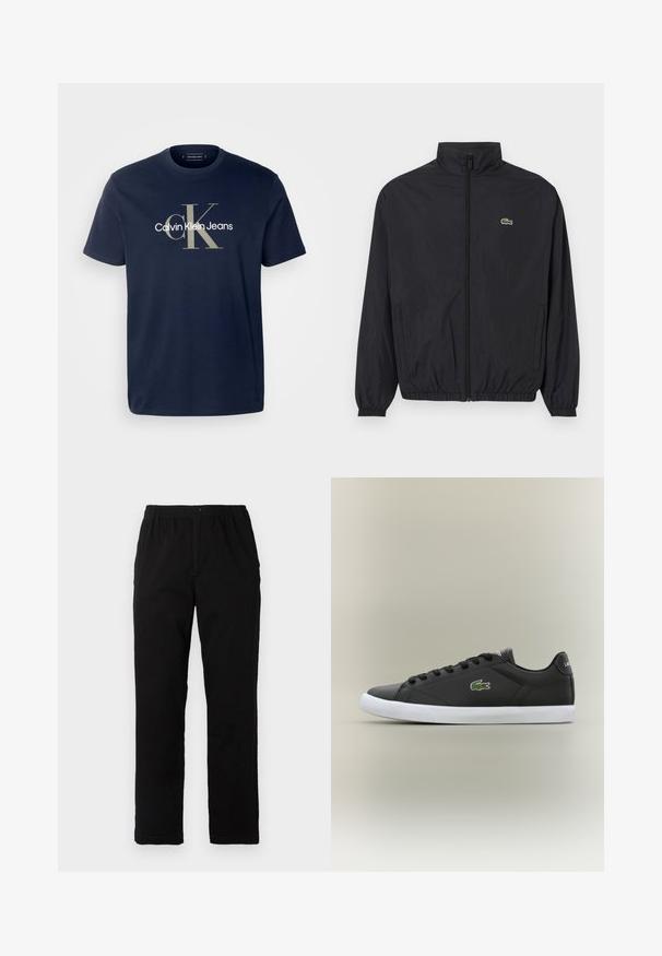 Chaqueta ligera negra con cuello alzado, cierre frontal, puños elásticos y dobladillo. Presenta un pequeño logo verde de Lacoste en el pecho.; Camiseta de algodón azul marino con un gran logotipo beige que dice "Calvin Klein Jeans" y un "CK" estilizado en el frente. Mangas cortas y cuello redondo.; Pantalones negros de tejido de mezcla de algodón, con corte recto, cintura elástica con botón y sin patrones o acentos visibles.; Zapatillas de cuero negro con suela de goma blanca, con un logo de cocodrilo verde y cordones redondos, diseño elegante con textura suave.