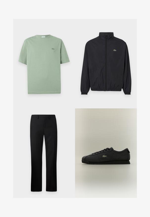 Black lightweight jacket with a stand collar, front zipper, elastic cuffs, and hem. Features a small green Lacoste logo on the chest.; Light green short-sleeve t-shirt made of cotton, featuring a small embroidered logo on the chest and a crew neckline.; Black tailored trousers with a straight leg design, made from smooth fabric. Features include a flat front and mid-rise waistband.; Black low-top sneaker with lace-up front, textured sole, and gold crocodile logo on the side.