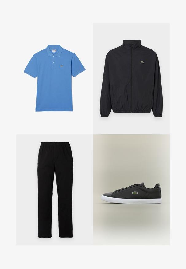 Svart lättviktsjacka med ståkrage, framdragkedja, elastiska ärmslut och nederkant. Har en liten grön Lacoste-logotyp på bröstet.; Blå polo skjorta i bomull, med klassisk krage, korta ärmar och en grön Lacoste-logotyp broderad på bröstet.; Svarta byxor i en blandning av bomull, med rak passform, elastisk midja med knapp och utan synliga mönster eller accenter.; Svarta lädersneakers med vit gummisula, med en grön krokodil-logotyp och runda snörningar, slankt design med slät textur.