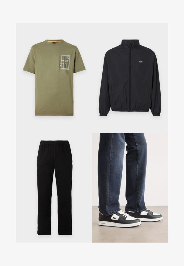 Schwarze, leichte Jacke mit Stehkragen, Frontreißverschluss, elastischen Bündchen und Saum. Verfügt über ein kleines grünes Lacoste-Logo auf der Brust.; Olivgrünes Baumwoll-T-Shirt mit rundem Halsausschnitt und kurzen Ärmeln. Verfügt über eine Tasche mit einem grafischen Druck in Schwarz, Gelb und weißen Akzenten.; Schwarze Hosen aus einem Baumwollmischgewebe, mit geradem Schnitt, elastischem Bund mit Knopf und ohne sichtbare Muster oder Akzente.; Schwarz-weiße Lacoste-Sneaker mit einem Obermaterial aus strukturiertem Leder, ausgestattet mit einem Schnürdesign und einer weißen Gummiaußensohle. Getragen mit dunklen Jeans.