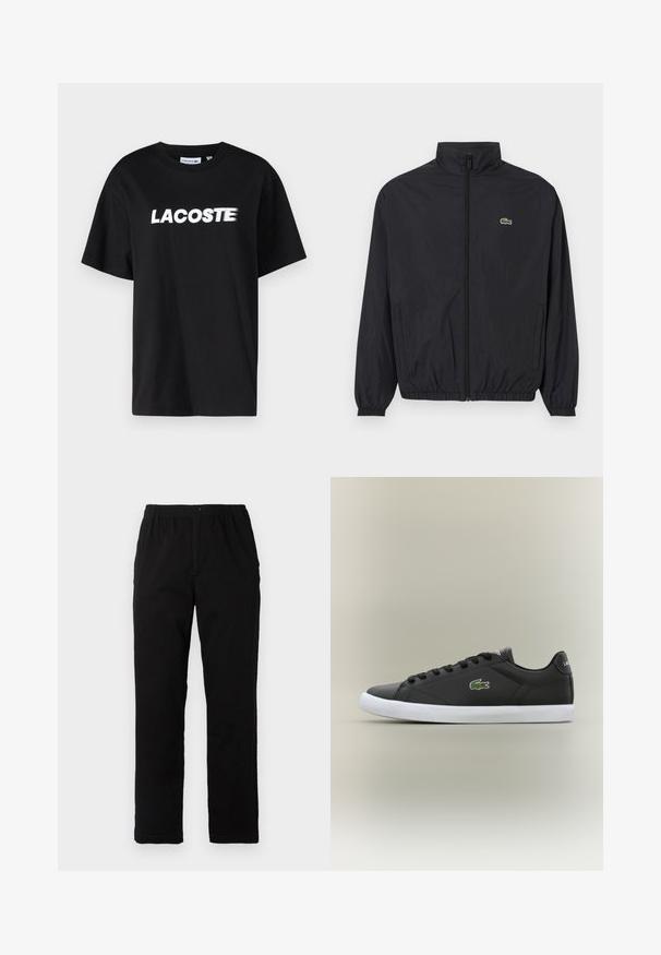 Fekete, könnyű dzseki álló gallérral, elülső cipzárral, rugalmas mandzsettákkal és aljjal. A mellkason egy kis zöld Lacoste logó található.; Fekete pamut póló, elöl fehér „LACOSTE” logóval. Rövid ujjak és kerek nyakkivágás. Klasszikus, laza szabás.; Fekete pamut keverék anyagú nadrág, egyenes szabású, rugalmas derékrésszel és gombbal, látható minták vagy díszítések nélkül.; Fekete bőr sportcipők fehér gumitalppal, zöld krokodil logóval és kerek fűzőkkel, elegáns dizájn sima felülettel.