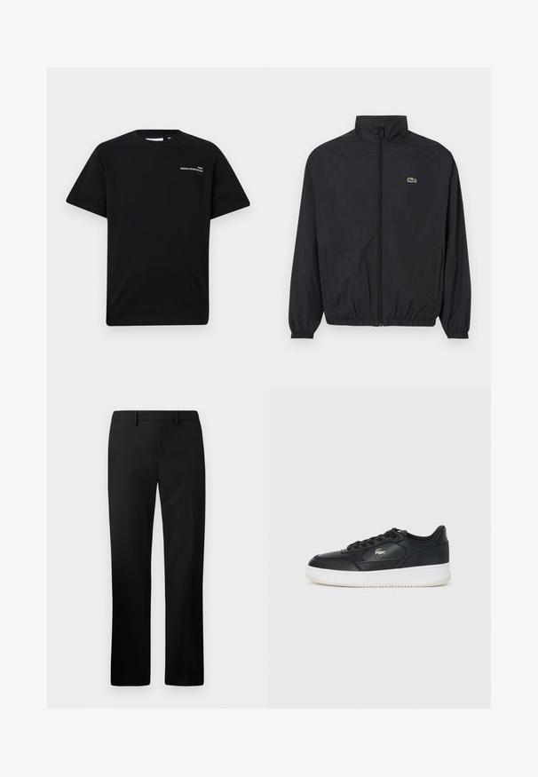 Must värvusega kerge jakk seisva kaelusega, ees lukuga, elastsete mansettide ja äärega. Rinnal on väike roheline Lacoste logo.; Musternmust päikese särg, millel on lühikesed varrukad ja ümar kaelus, millel on rinnal valge tekst "PARIISI PRANTSUSMAA SPORDIRIIETUS".; Mustad püksid sirge säärega, valmistatud siledast kangast. Omadusteks on tasane esipind ja keskmise kõrgusega vööpais.; Must tosin nahast tossud valge pohja ja ümarate varvastega, söötud nööridega ja diskreetne logo küljes. Tekstuuritud ülaserv.
