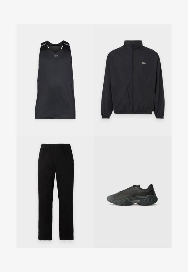Čierna ľahká bunda s stojatým golierom, predným zipsom, elastickými manžetami a lemom. Obsahuje malé zelené logo Lacoste na hrudi.; Čierny športový top bez rukávov vyrobený z ľahkej textílie, s okrúhlym výstrihom, perforovanou textúrou a tónovými akcentmi na ramenách.; Čierne nohavice vyrobené z bavlnenej zmesi, so strihom rovného strihu, elastickým pásom s gombíkom a bez viditeľných vzorov alebo akcentov.; Čierna športová obuv s vrchom z meshu a syntetických materiálov, elegantný dizajn, hrubá zakrivená podrážka a textúrované akcenty na bočných stranách a na prstoch.