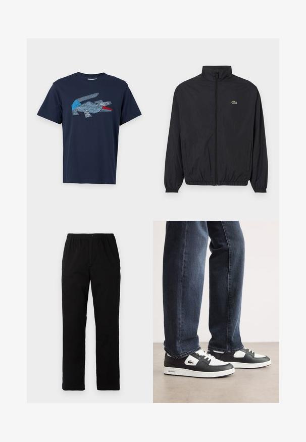 Černá lehká bunda s vysokým límcem, předním zipem, elastickými manžetami a lemem. Na hrudi se nachází malé zelené logo Lacoste.; Lacoste Triko s potiskem - dark blue; Černé kalhoty vyrobené z bavlněné směsi, s rovný střih, elastickým pasem s knoflíkem a bez viditelných vzorů či akcentů.; Černo-bílé tenisky Lacoste s texturovaným koženým svrškem, se šněrovacím designem a bílou gumovou podešví. Nosené s tmavými džíny.