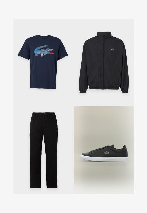 Melna viegla jaka ar stāvu apkakli, priekšējo rāvējslēdzēju, elastīgām piedurknēm un apakšu. Jaka ir ar mazu zaļu Lacoste logo uz krūšu.; Lacoste Apdrukāts T-krekls - dark blue; Melnas bikses no kokvilnas maisījuma auduma, ar taisnu griezumu, elastīgu jostasvietu ar pogu un bez redzamām rakstu vai akcentiem.; Melnas ādas sporta apavas ar baltu gumijas zoli, rotāts ar zaļu krokodila logotipu un apaļām šņorēm, elegants dizains ar gludu tekstūru.