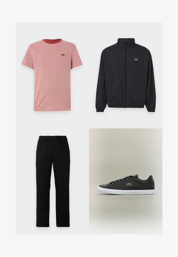 Černá lehká bunda s vysokým límcem, předním zipem, elastickými manžetami a lemem. Na hrudi se nachází malé zelené logo Lacoste.; Červené heather bavlněné tričko s krátkými rukávy a kulatým výstřihem. Na hrudi se nachází malé vyšívané logo. Hladká textura.; Černé kalhoty vyrobené z bavlněné směsi, s rovný střih, elastickým pasem s knoflíkem a bez viditelných vzorů či akcentů.; Černé kožené tenisky s bílou gumovou podrážkou, se zeleným logem krokodýla a kulatými tkaničkami, elegantní design s hladkým povrchem.