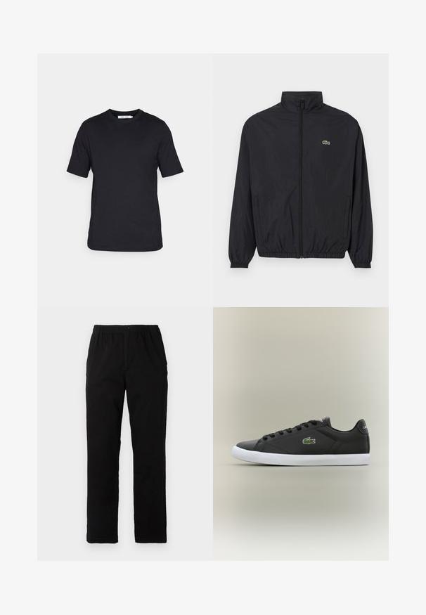 Musta kevyt takki, jossa on pystykaulus, edessä vetoketju, joustavat hihansuut ja helma. Rinnassa on pieni vihreä Lacoste-logo.; Mustat lyhythihaiset t-paidat, jotka on valmistettu pehmeästä kankaasta, pyöreällä kaula-aukolla ja suoran leikkauksen helmalla, ilman kuvioita tai näkyvää brändäystä.; Mustat housut, jotka on valmistettu puuvilla-sekoitekankaasta, suoran mallin, joustavan vyötärönauhan ja napin kanssa, ilman näkyviä kuvioita tai yksityiskohtia.; Mustat nahkakengät valkoisella kumipohjalla, jossa on vihreä krokotiililogo ja pyöreät nauhat, sulavalinjainen muotoilu sileällä pinnalla.