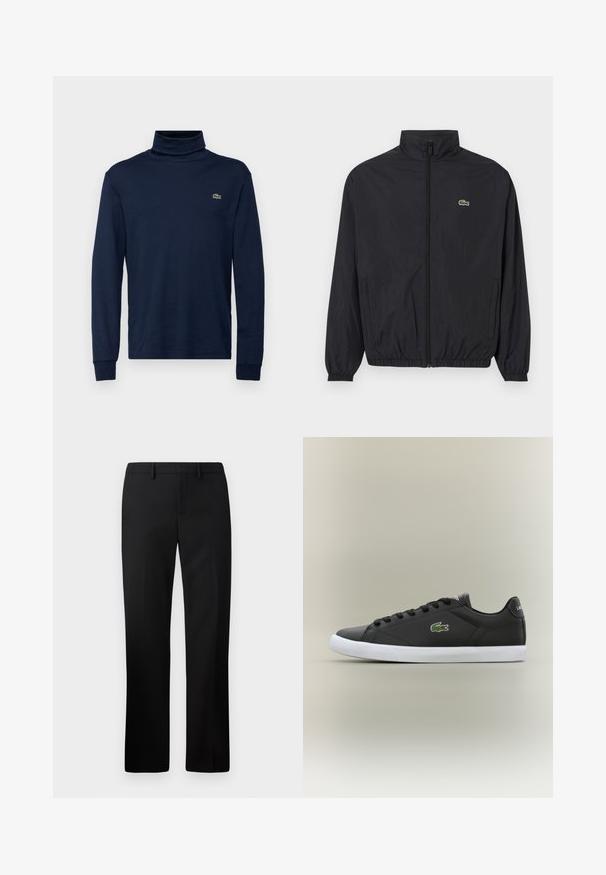 Svart lett jakke med stående krage, frontglidelås, elastiske mansjetter og hem. Har en liten grønn Lacoste-logo på brystet.; Marineblå turtleneck-shirt i blødt bomuld med lange ærmer. Har et lille grønt logo på brystet. Glat tekstur og tætsiddende design.; Sorte skreddersydde bukser med rette ben, laget av glatt stoff. Funksjoner inkluderer flat front og middels høy livlinje.; Svarte lær sneakers med hvit gummisåle, med grønt krokodillelogo og runde snører, elegant design med glatt tekstur.