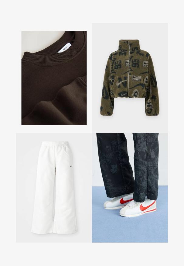 Cropped olive green fleece jacket with zip closure, featuring dark blue printed patterns and a front pocket. Soft, textured fabric.; Brown sweatshirt with a round ribbed neckline and ribbed cuffs. Soft texture with a smooth finish and visible stitching details. Brand label shown.; White athletic pants with a wide-leg design, elastic waistband, and a small black Nike logo on the left side. Smooth, lightweight material.; White Nike sneakers with red accents, paired with black pants featuring a floral pattern. Texture is smooth with a flat braid sole.