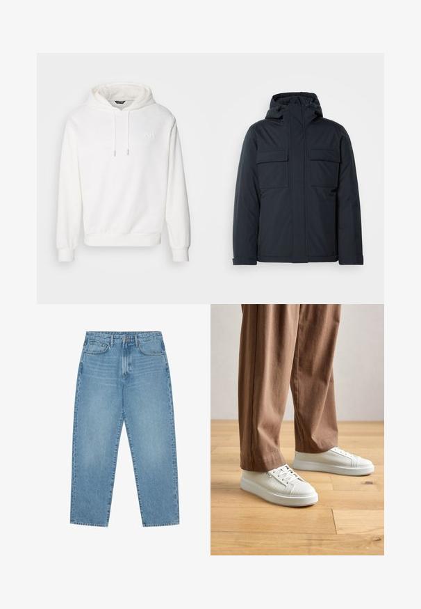 Giacca isolante blu navy con cappuccio, dotata di due grandi tasche frontali e una finitura liscia e opaca. Chiusura frontale con zip.; Felpa bianca in cotone con finitura testurizzata, cappuccio con lacci, polsini a costine e un piccolo logo ricamato sul petto.; Jeans a gamba larga in denim azzurro chiaro con vita alta, dotati di cinque tasche, passanti per cintura e una consistenza morbida e leggermente sbiadita.; Persona che indossa sneakers bianche testurizzate a bassa altezza e pantaloni larghi marroni, in piedi su un pavimento in legno chiaro.