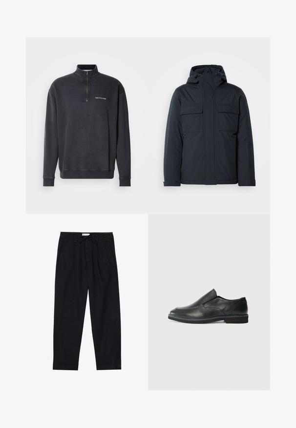 Σκούρο μπλε μπουφάν με επένδυση και κουκούλα, διαθέτει δύο μεγάλα μπροστινά τσέπες και λεία, ματ φινίρισμα. Κλείσιμο με φερμουάρ μπροστά.; Πουλόβερ με φερμουάρ μέχρι τη μέση σε σκούρο γκρι ύφασμα βαμβακερού μίγματος. Διαθέτει ριμπ κολάρο και μανίκια, με μικρό λευκό λογότυπο στο στήθος. Λείος υφές.; Pier One Chinos - black; Μαύρο δερμάτινο παπούτσι χωρίς κορδόνια με λείο επάνω μέρος, ραφές, στρογγυλή μύτη και χαμηλό λάστιχο τακούνι. Η σόλα διαθέτει ελάχιστο σχέδιο.
