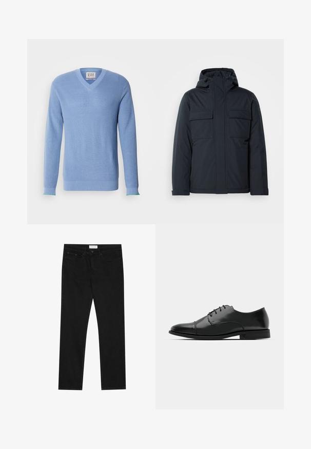 Námornícky modrá zateplená bunda s kapucňou, ktorá má dve veľké predné vrecká a hladký, matný povrch. Predné zapínanie na zips.; Svetlomodrý sveter s výstrihom do V a rebrovanou textúrou, dlhé rukávy a kontrastné zelené akcenty na manžetách. Obsahuje štítok na golieri.; Čierne džínsy rovného strihu s piatimi vreckami, zapínanie na gombík a zips a s etiketou značky Pier One na páse.; Čierne kožené spoločenské topánky s okrúhlou špičkou, šnurovací dizajn, jemné prešívanie a nízky podpätok. Hladká štruktúra s lesklým povrchom.