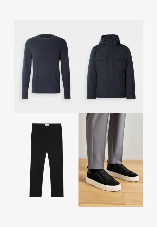 Námořnicky modrá zateplená bunda s kapucí, vybavená dvěma velkými předními kapsami a hladkým matným povrchem. Zapínání na zip.; Námorně modrý svetr vyrobený z měkkého pleteného materiálu. Kulatý výstřih, dlouhé rukávy, žebrované manžety a spodní lem, embosované logo na hrudi.; Černé rovné džíny s pěti kapsami, zapínání na knoflík a zip, a štítek značky Pier One na pase.; Černé semišové tenisky s texturovaným povrchem, vybavené bílou gumovou podrážkou a dekorativním postranním zipem, nošené s šedými kalhotami.