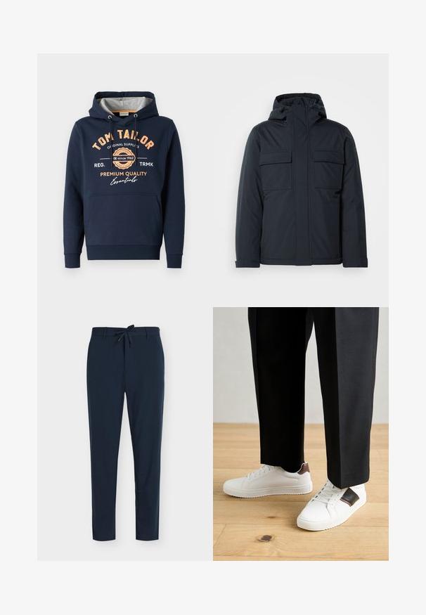 Tamsiai mėlyna pūkinė striukė su kapišonu, turinti dvi dideles priekinės kišenes ir lygius, matinius paviršius. Uždarymas užtrauktuku.; Tamsiai mėlynas gobtuvu džemperis, pagamintas iš medvilnės su pilku vidumi. Priekyje esančios oranžinės spalvos užrašai ir logotipai, kengūros kišenė ir gijų rašto rankovės.; Tamsiai mėlynos kelnės, pagamintos iš lygios medžiagos, su raišteliu juosmenyje, vertikaliu dryžuotu raštu ir siauro apkausto dizainu.; Balti sportbačiai su glotnia danga, puošti rudais odiniais akcentais ir juodais detalėmis, derinami su juodais pritaikytais kelnėmis. Medinių grindų fonas.