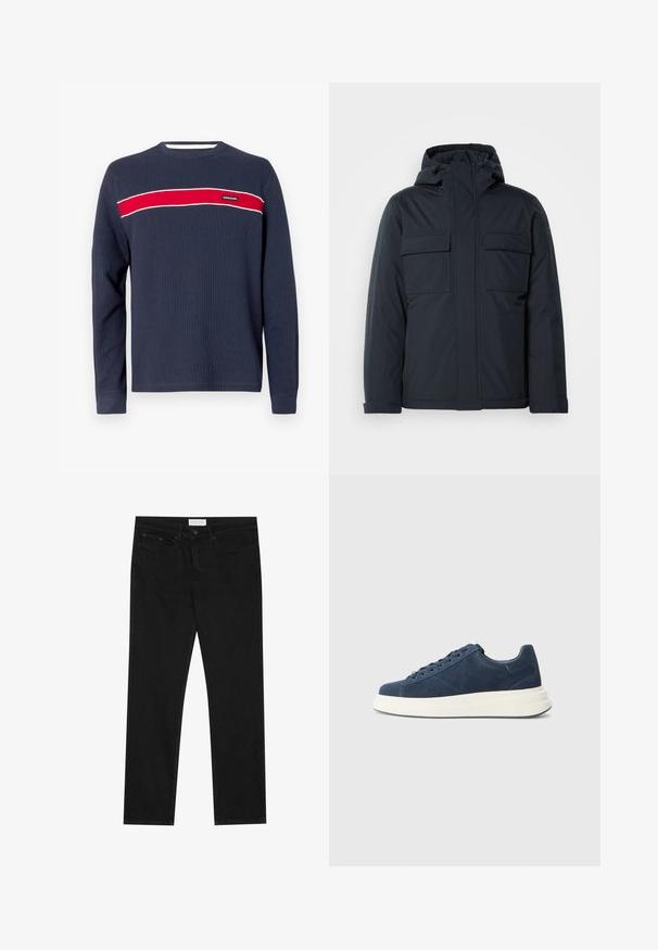 Giacca isolante blu navy con cappuccio, dotata di due grandi tasche frontali e una finitura liscia e opaca. Chiusura frontale con zip.; Maglietta a maniche lunghe blu navy con una trama a coste, caratterizzata da una striscia orizzontale rossa e accenti bianchi sul petto, con un'etichetta logo.; Jeans neri a gamba dritta con design a cinque tasche, chiusura con bottone e zip, e etichetta del marchio Pier One sulla cintura.; Sneakers in camoscio blu navy con suola in gomma bianca, dotati di sei asole, fodera texturizzata e design minimalista con dettagli di cucitura sottili.