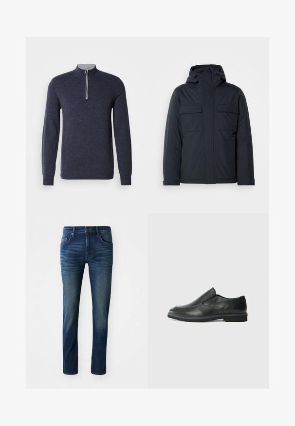 Casaco isolado azul marinho com capuz, apresentando dois grandes bolsos frontais e um acabamento suave e mate. Fecho frontal com zíper.; Sweater azul marinho com meia zip e gola cinza. Feito de um tecido texturado, apresenta mangas longas e um design ajustado.; Jeans de denim azul escuro com um corte slim, apresentando cinco bolsos, um fecho frontal de botão e uma textura ligeiramente desbotada nas pernas.; Sapato slip-on preto em pele com um upper liso, acabamentos cosidos, bico arredondado e um salto de borracha baixo. A sola apresenta um padrão de aderência mínimo.