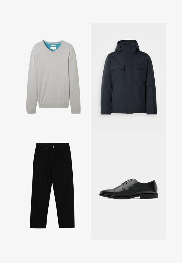 Granatowa, ocieplana kurtka z kapturem, z dwiema dużymi przednimi kieszeniami oraz gładkim, matowym wykończeniem. Zamek błyskawiczny na przodzie.; Szary sweter z długim rękawem w serek, wykonany z bawełny. Posiada kontrastujący niebieski wewnętrzny kołnierz. Rękawy i dół wykończone ściągaczem.; Czarne spodnie dżinsowe w klasycznym kroju prostym, z pięcioma kieszeniami i zapięciem na guzik z przodu. Gładka tekstura z minimalnymi detalami szwy.; Czarne skórzane buty do garnituru z okrągłym noskiem, sznurowanym zapięciem, subtelnymi detalami przeszycia oraz niskim obcasem. Gładka faktura z polerowanym wykończeniem.