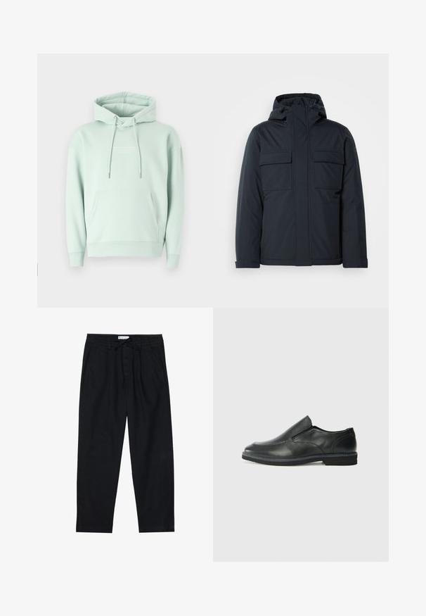 Tamsiai mėlyna pūkinė striukė su kapišonu, turinti dvi dideles priekinės kišenes ir lygius, matinius paviršius. Uždarymas užtrauktuku.; Mėtų žalios spalvos džemperis, pagamintas iš medvilnės mišinio. Yra kengūros tipo kišenė, reguliuojama kapučino su raiščiais ir račiuotos priekinės rankovės su logotipu ant krūtinės.; Pier One Chino stiliaus kelnės - black; Juodai odiniai įtvirtinimo batai su lygiu paviršiumi, siuvinėjimo akcentais, apvalia nosimi ir žemu guminiu kulnu. Pado raštas minimalus.