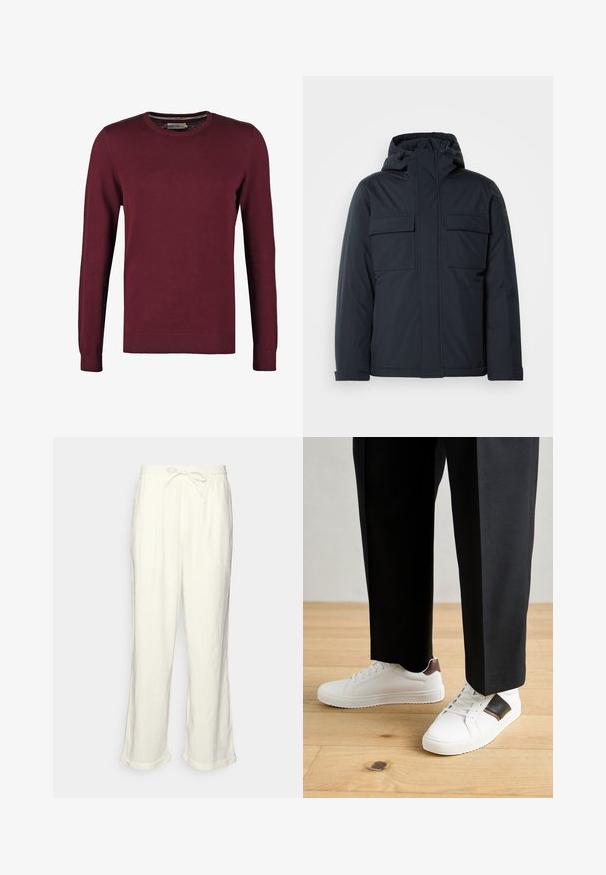 Sötétkék szigetelt dzseki kapucnival, két nagy elülső zsebbel és sima, matt felülettel. Cipzáras elülső záródás.; Burgundi crewneck pulóver sima anyagból, hosszú ujjal és bordázott mandzsettával és szegéllyel, amelyek textúrát adnak neki.; Sötétfehér len nadrág, húzózsinóros derékkal, enyhén bő szárakkal és feltekert szegéllyel a laza illeszkedés érdekében. Zsebek nélkül.; Fehér sneaker, sima textúrával, barna bőr díszítéssel és fekete részletekkel, fekete szabott nadrággal párosítva. Fából készült padló háttér.