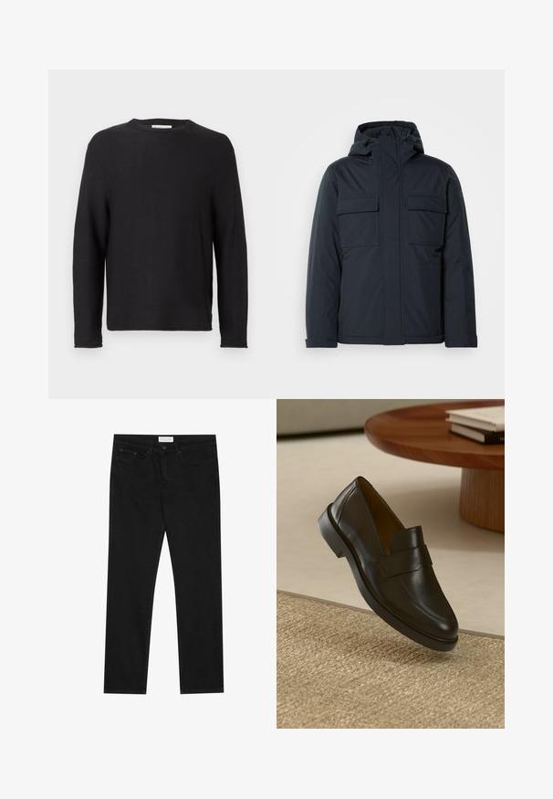 Marineblaue isolierte Jacke mit Kapuze, ausgestattet mit zwei großen frontalen Taschen und einer glatten, matten Oberfläche. Mit einem Reißverschluss vorne.; Schwarzer Strickpullover mit Rundhalsausschnitt und langen Ärmeln. Verfügt über eine gerippte Textur und gestickte Säume, mit einem Etikett am Halsausschnitt.; Schwarze gerade Jeans mit Fünf-Taschen-Design, Knopf- und Reißverschluss, und einem Pier One-Label am Bund.; Schwarzer Lederloafer mit glatter Oberfläche, abgerundetem Zeh und dekorativem Riemen über dem oberen Teil. Niedriger Gummihacken, platziert auf einer strukturierten Oberfläche.