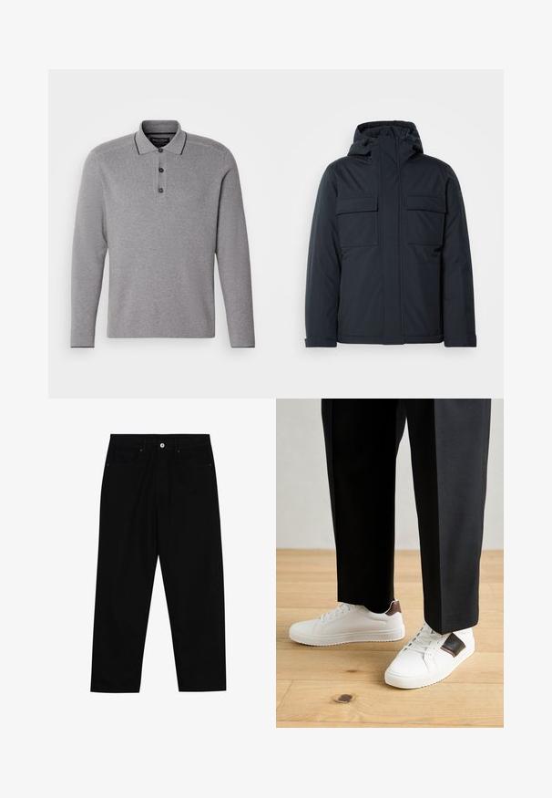 Veste isolée bleu marine avec capuche, dotée de deux grandes poches avant et d'une finition lisse et mate. Fermeture éclair à l'avant.; Polo shirt gris à manches longues avec un col à trois boutons, un bord de col contrastant et une finition en tissu texturé.; Pantalons en denim noir avec une coupe droite, un design à cinq poches et une fermeture à bouton à l'avant. Texture lisse avec des détails de couture minimaux.; Des sneakers blanches au texture lisse, avec des accents en cuir marron et des détails noirs, assorties à un pantalon noir ajusté. Fond en parquet.