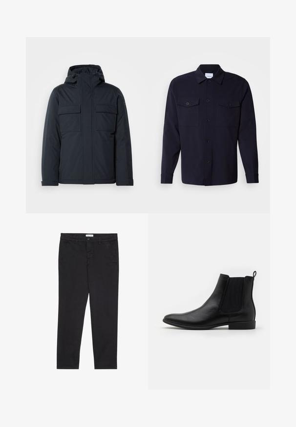 Marineblå isolert jakke med hette, med to store frontlommer og en glatt, matt finish. Glidelås i front.; Marineblå skjortejakke laget av myk stoff, med to brystlommer, knappelukking foran, og lange ermer med mansjetter med knapper.; Sorte bomullbukser med smal passform, med to sidelommer og knappelukking foran. Teksturert stoff med subtile detaljer.; Svarte lær ankelstøvler med elastiske sidepaneler, en avsmalet tå og en lav blokkhelt. Glatt overflate med en trekkflik bak.