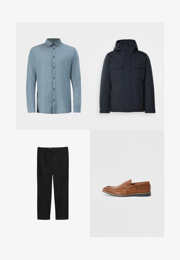 Tumesinine isolatsiooniga jakk kapuutsiga, millel on kaks suurt esikot ja sile, mati viimistlusega pind. Ees lukuga sulgumine.; Kerge sinise ruudulise mustriga puuvillane särk, millel on nupuga krae, üks rinna tasku ja pikad varrukad, millel on nupuga mansetid.; Mustad sirgedega mustad püksid, mis on valmistatud tekstuuriga kangast. Omavad kahte eesmist taskut ja nööbiga kinnitust vöökohtadel.; Prunadest nahkkingad ümmarguse varbaga, õmmeldud detailide ja madala kummitaldaga. Disain sisaldab riba üleval.