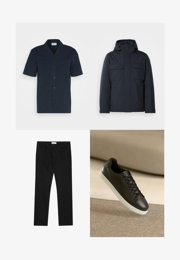 Tamsiai mėlyna pūkinė striukė su kapišonu, turinti dvi dideles priekinės kišenes ir lygius, matinius paviršius. Uždarymas užtrauktuku.; Tamsiai mėlyna trumpomis rankovėmis marškiniai su tekstūriniu audiniu, vienu krūtiniu kišenė, užsegami mygtukais priekiniai ir klasikinio apykaklės dizainu.; Juodos tiesios kojų džinsai su penkių kišenių dizainu, mygtuko ir užtrauktuko uždarymu bei "Pier One" prekės ženklo etikete ant juosmens.; Juodų odinių sportbačių su baltu guminiu padu ir juodomis raištelėmis nuotrauka, padėta ant šviesiai rudos tekstilės paviršiaus ir fono.